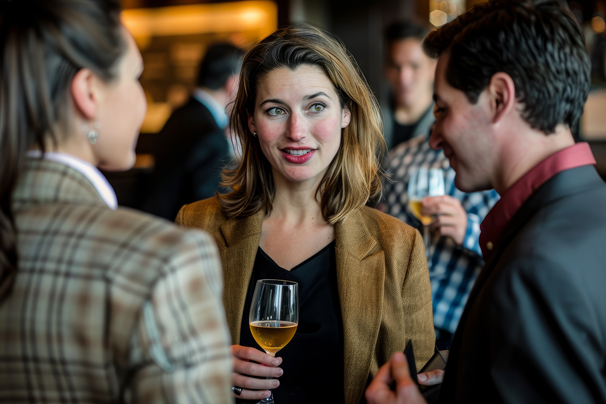 A woman conversing with two men while holding a glass of wine at a Botox party