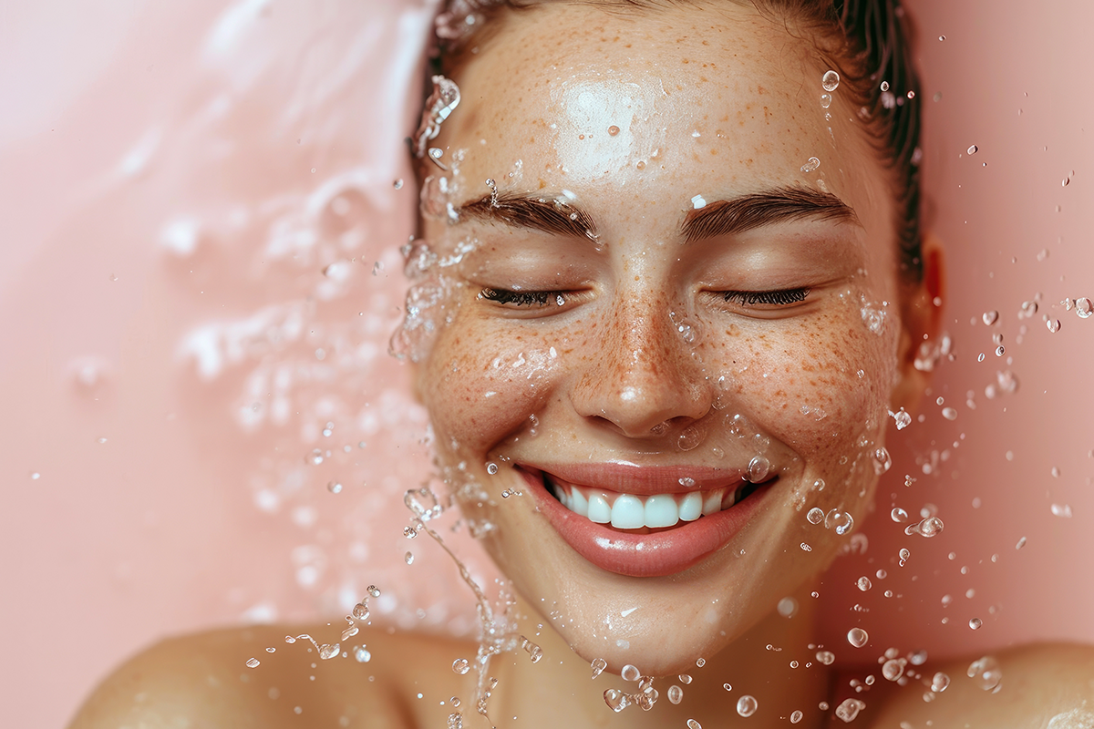 Smiling woman with eyes closed and water splash around the face Smiling woman with eyes closed and water splash around the face