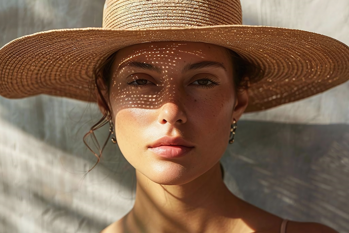 Woman wearing a widebrimmed hat to protect your face from the sun Woman wearing a widebrimmed hat to protect your face from the sun