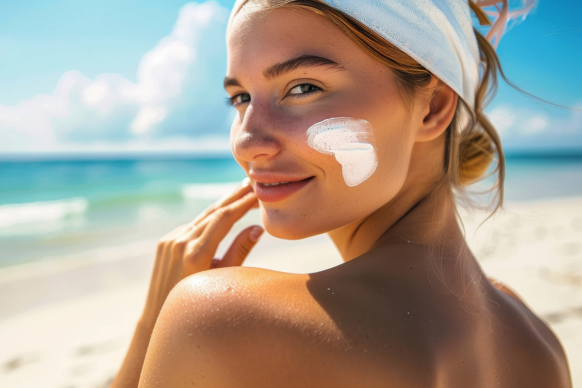 Young woman spreading sunscreen on her face to protect against sun light with sunblock